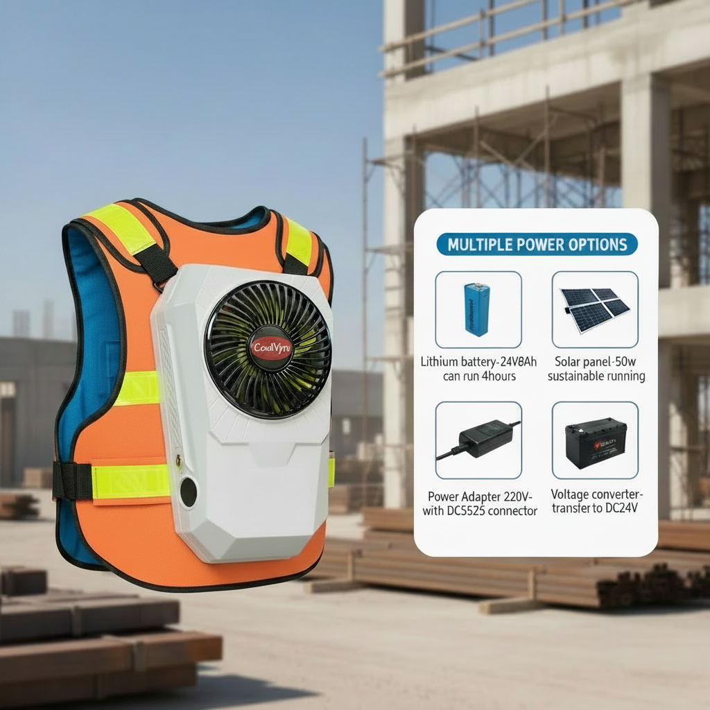 CoolVyn CV-001 cooling vest with multiple power options - construction site